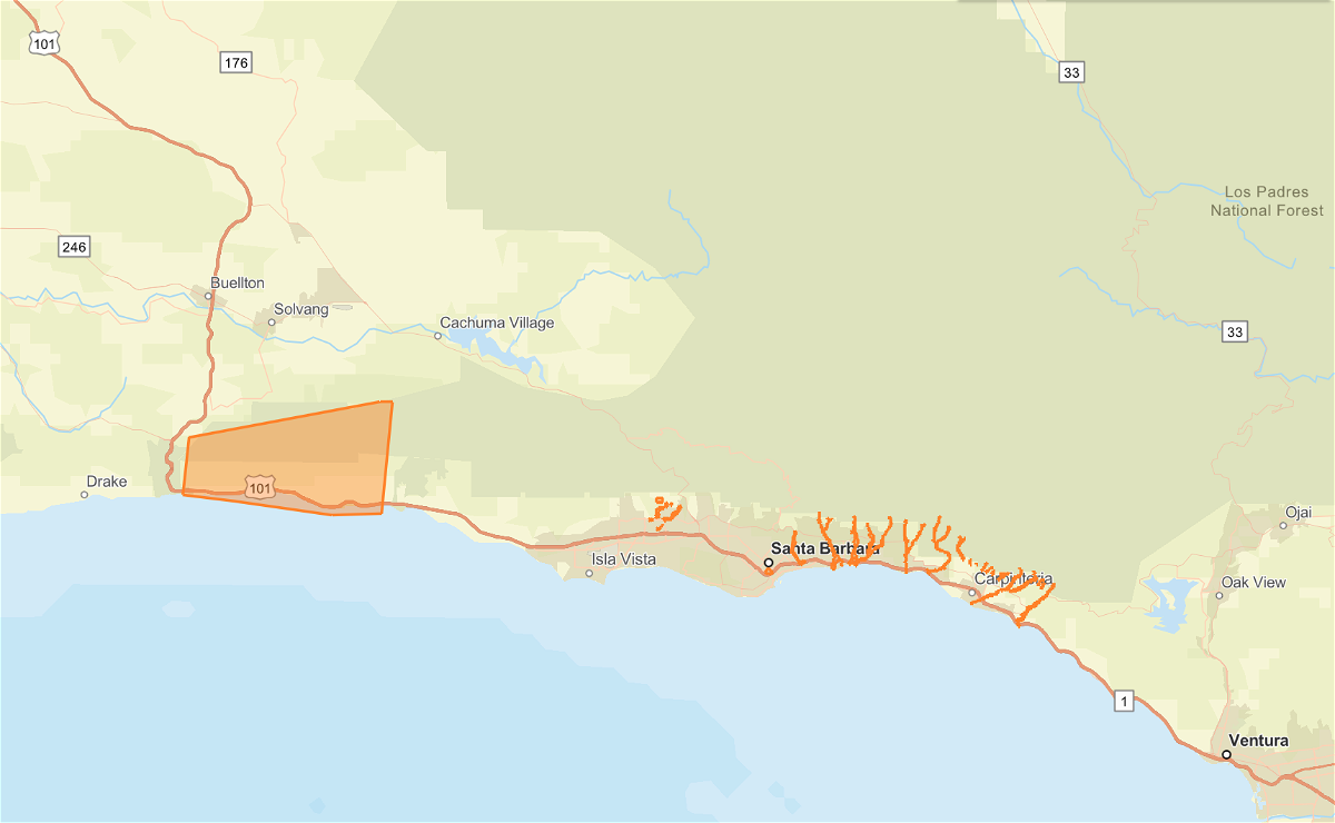Santa Barbara County Office of Emergency Management evacuation warning map as of February 17, 2024.